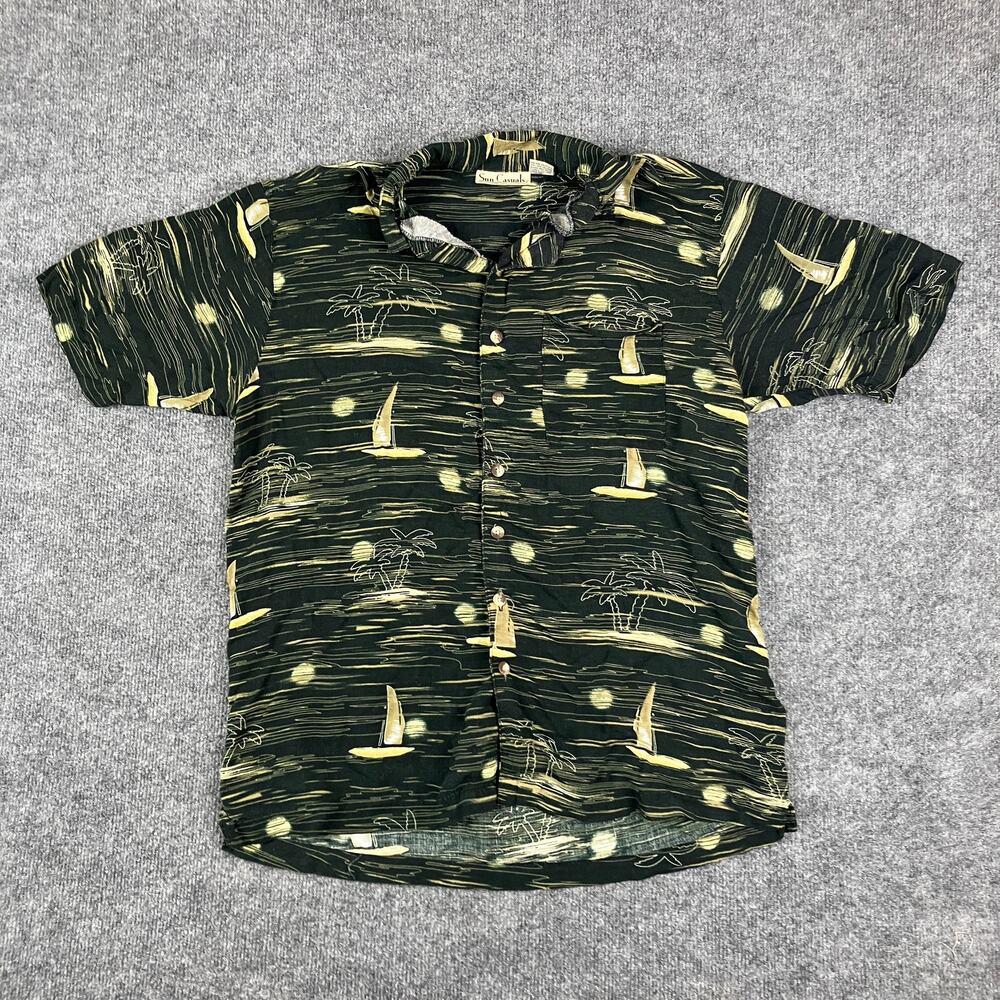 Sun Casuals Hawaiian Shirt Mens L Green Rayon Button Front Tropical Print
